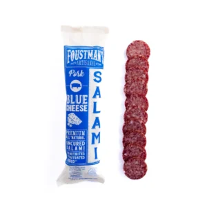 Faustman's blue cheese salami in package next to sliced salami