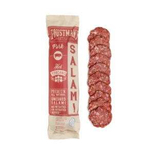 Foustmans Hot Toscano Foustman's Hot Tuscano salami in package next to sliced salami