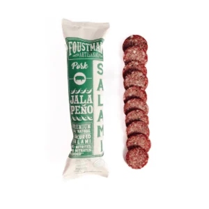 Foustmans salami in package next to sliced salami