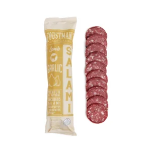 Foustman's Garlic Lamb salami in package next to sliced salami