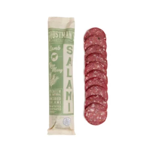Foustman's Lamb Rosemary salami in package next to sliced salami