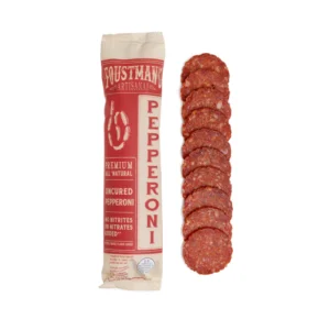 Foustman's Beef Pepperoni inpackage next to sliced