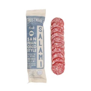 Foustman's San Francisco Style salami in package next to sliced salami