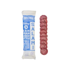Foustman's San Francisco turkey salami in package next to sliced salami