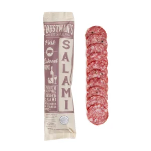Foustman's Wine Cabernet Salami in package next to sliced salami